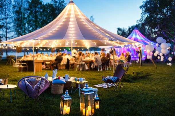 colorful wedding tents at night. wedding day.